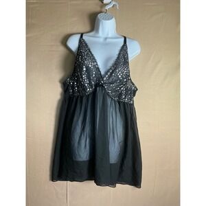Cacique Plus Size 22/24 Babydoll Chemise Silver Lace Sheer Black Lingerie